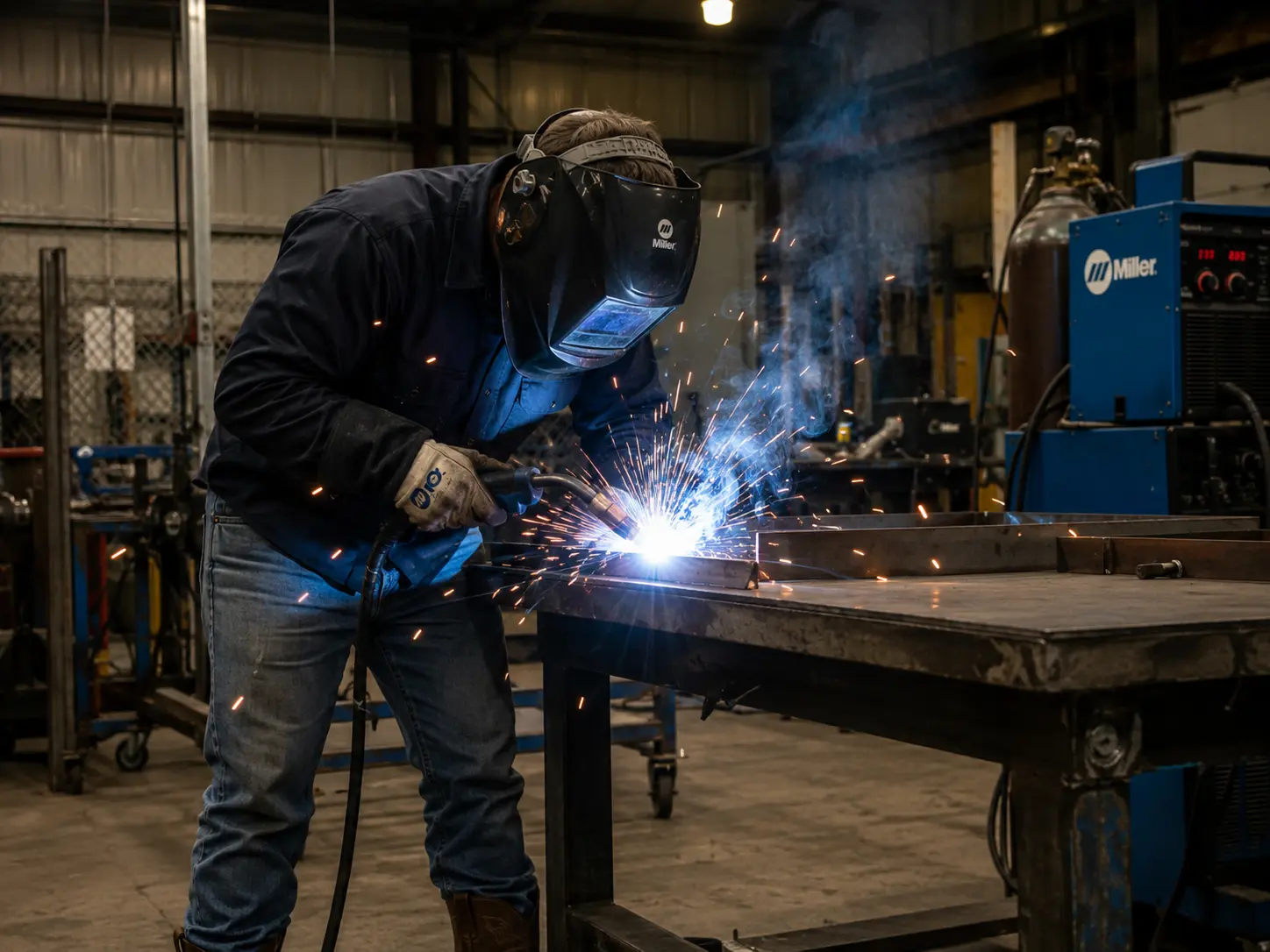 Welder joining a steel frame at a fabrication table